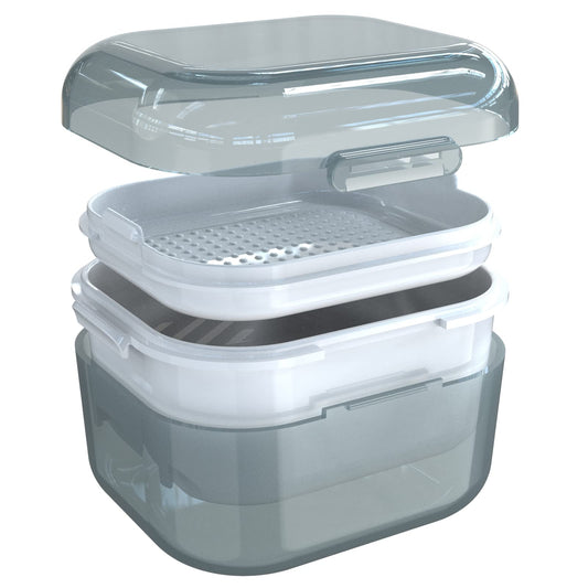 Built-in strainer and tray inside denture cup