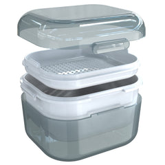 Built-in strainer and tray inside denture cup