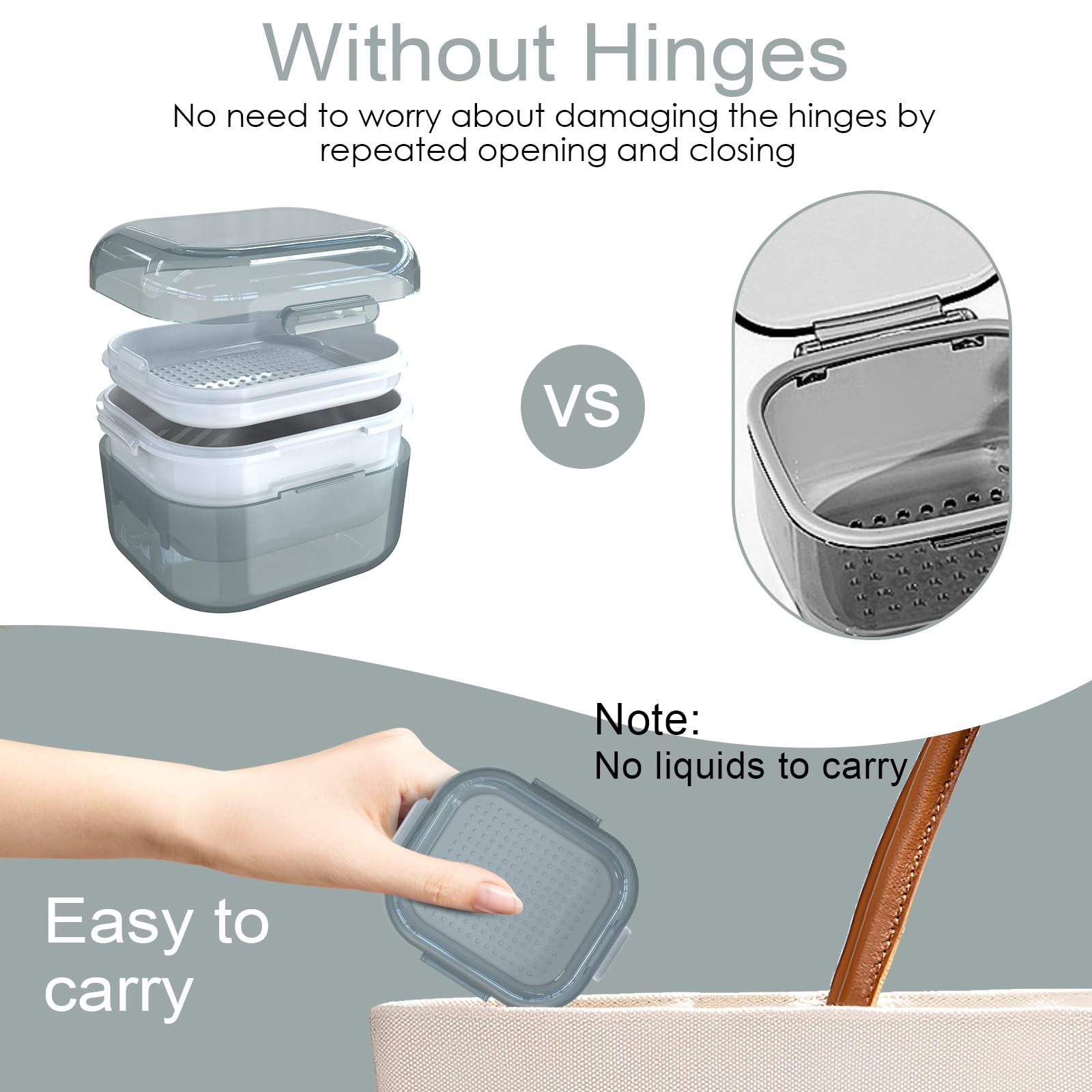 Denture cleaning case showing built-in drainage tray