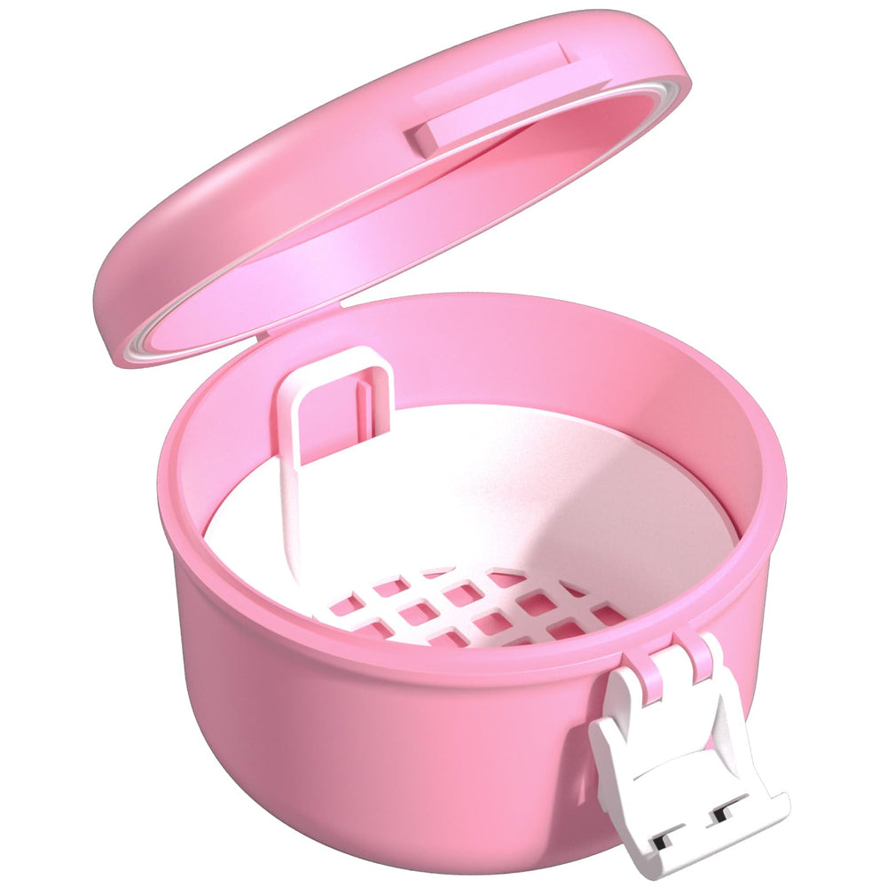 Front view of ARGOMAX leak-proof retainer cleaner case in pink and white