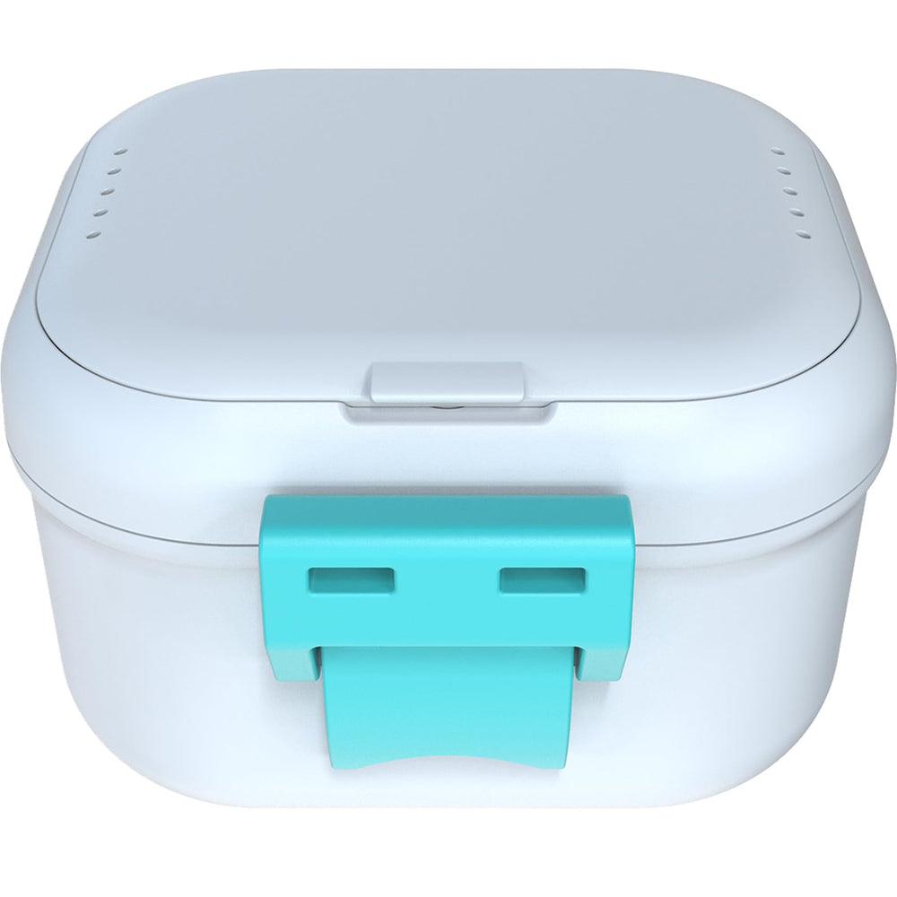 Product in white and cyan colorway with packaging