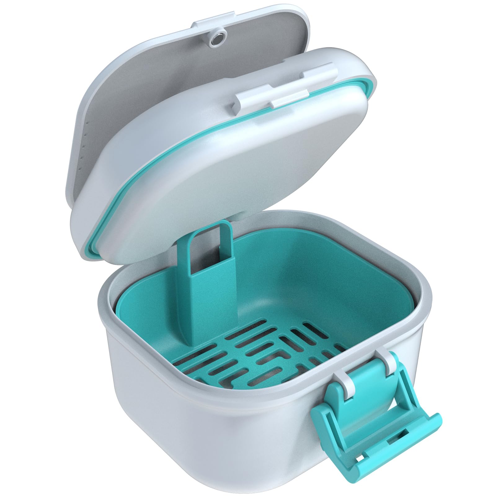 ARGOMAX leak-proof denture bath cup white and cyan - front view
