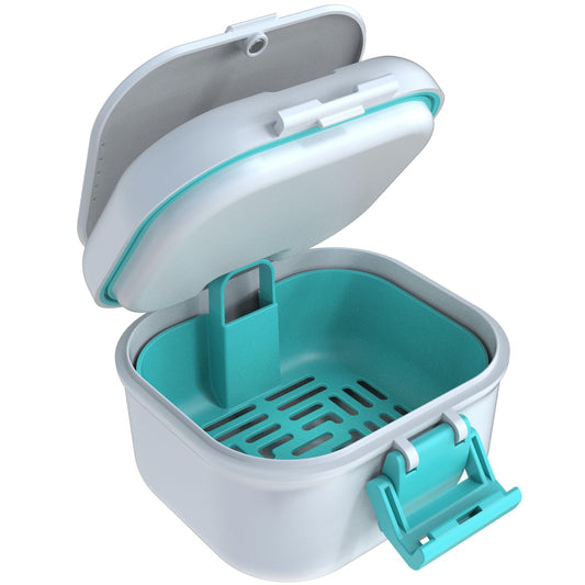 ARGOMAX leak-proof denture bath cup white and cyan - front view