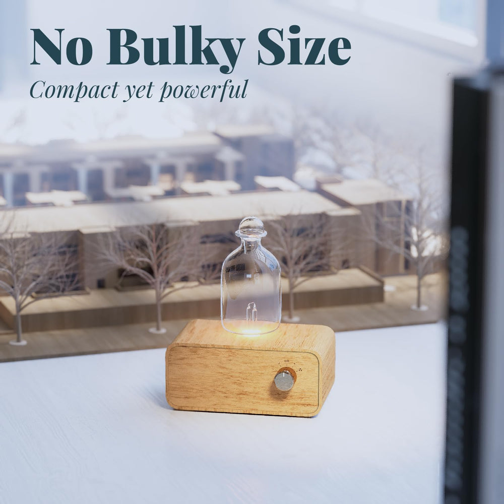 Handcrafted wood base and glass diffuser highlighting natural grain