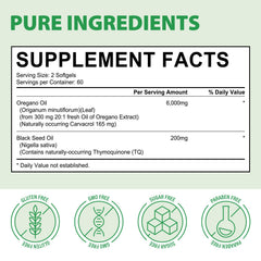 Close-up of oregano oil capsules and bottle highlighting 2-in-1 formula