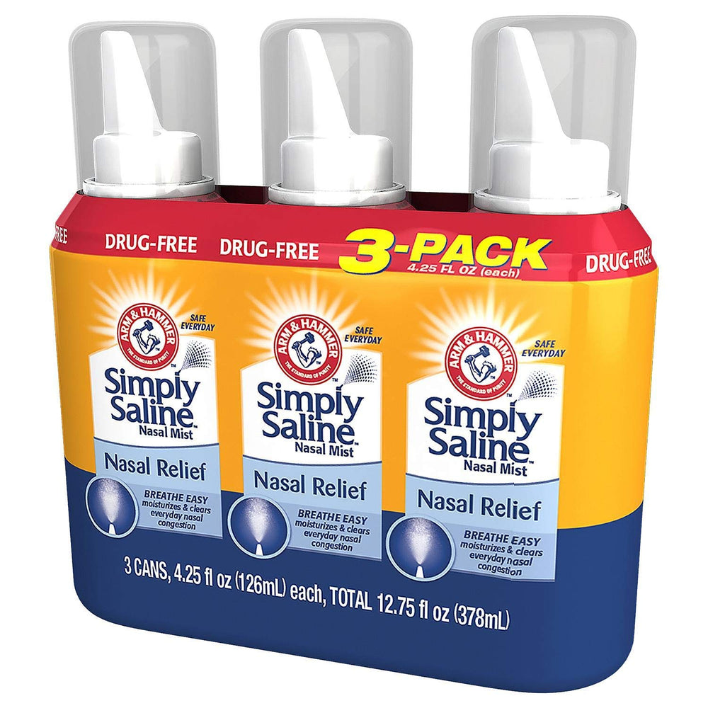 Arm & Hammer Simply Saline nasal mist bottle, easy-to-spray relief for daily nasal moisture.