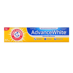 Close-up of Arm & Hammer Advance toothpaste texture showing baking soda and peroxide