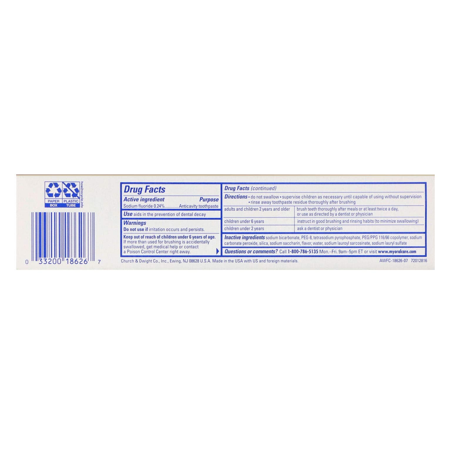 Packaging of Arm & Hammer Advance toothpaste 6 oz tartar control tube