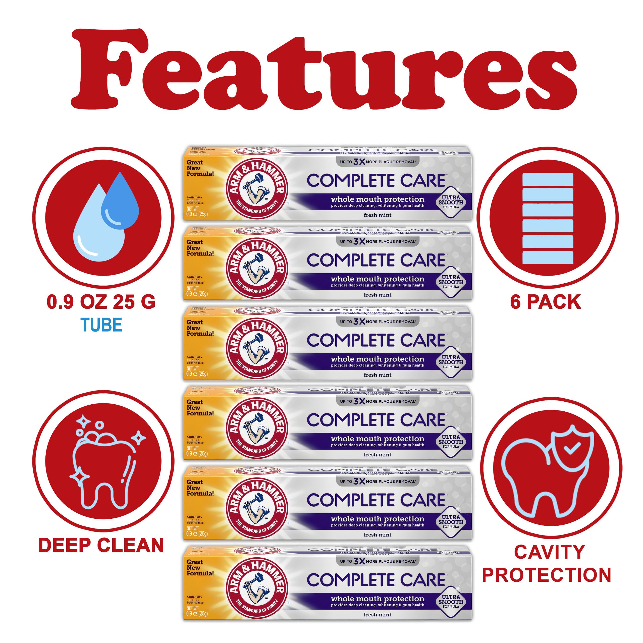 Six travel-size ARM & HAMMER Complete Care toothpaste tubes