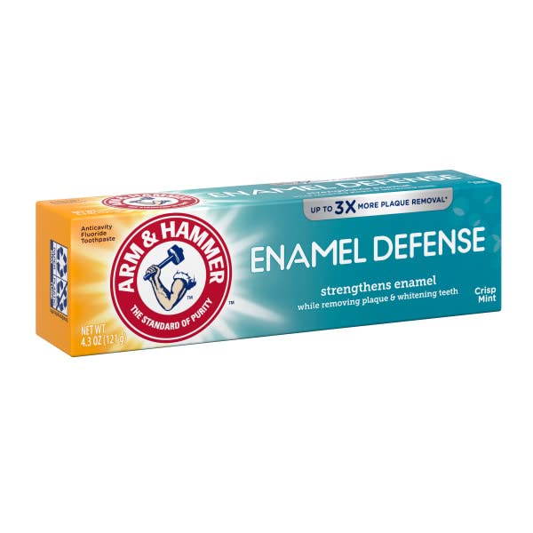 Close-up of ARM & HAMMER Enamel Defense toothpaste packaging – Fresh Mint
