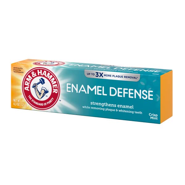 Back of ARM & HAMMER Enamel Defense fluoride toothpaste box – Fresh Mint