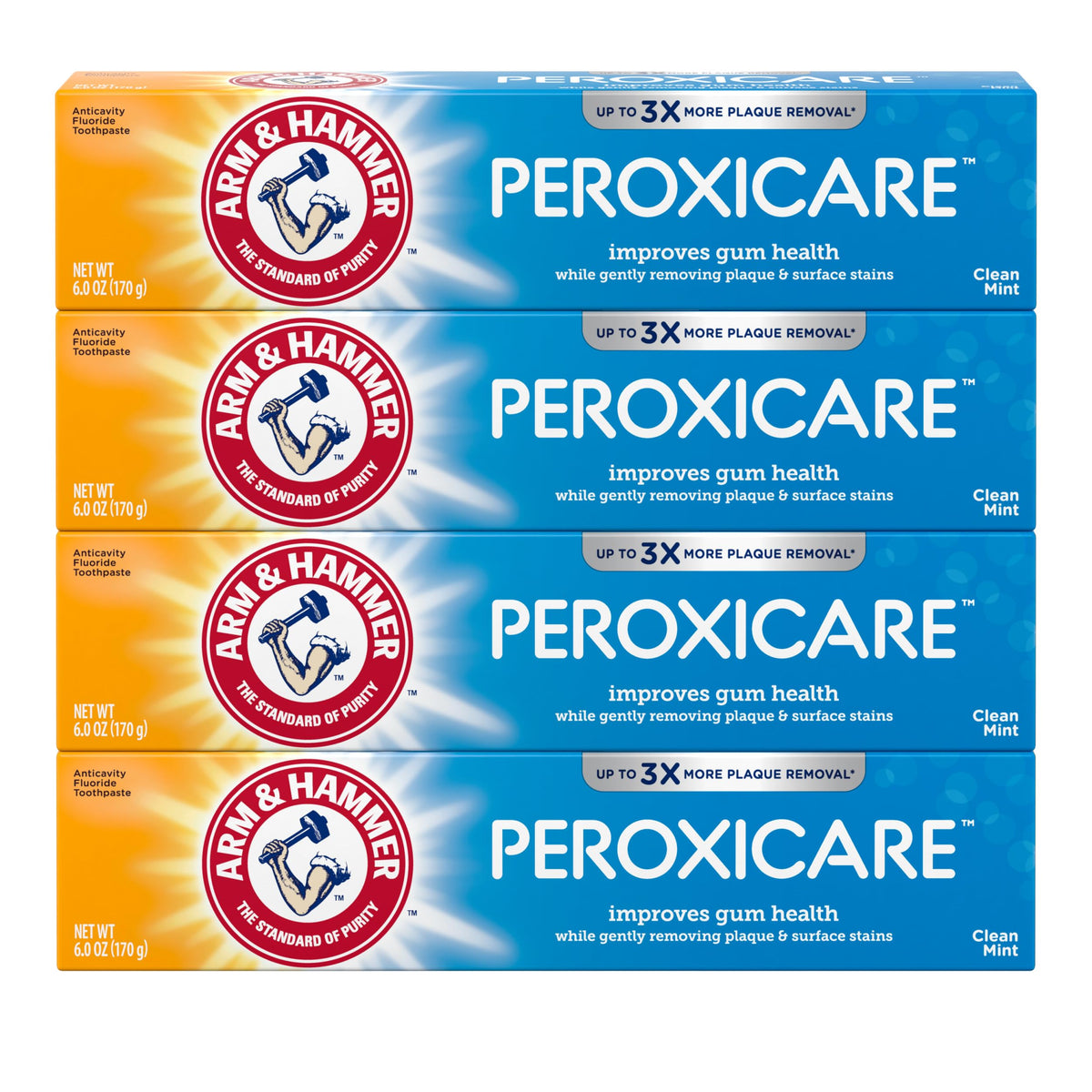 Front view of ARM & HAMMER Peroxicare 4-pack toothpaste