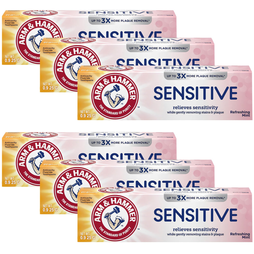 Front view of ARM & HAMMER Sensitive Teeth & Gums toothpaste 6-pack 0.9 oz tubes
