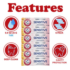 Side view of ARM & HAMMER Sensitive Teeth & Gums toothpaste 6-pack tubes