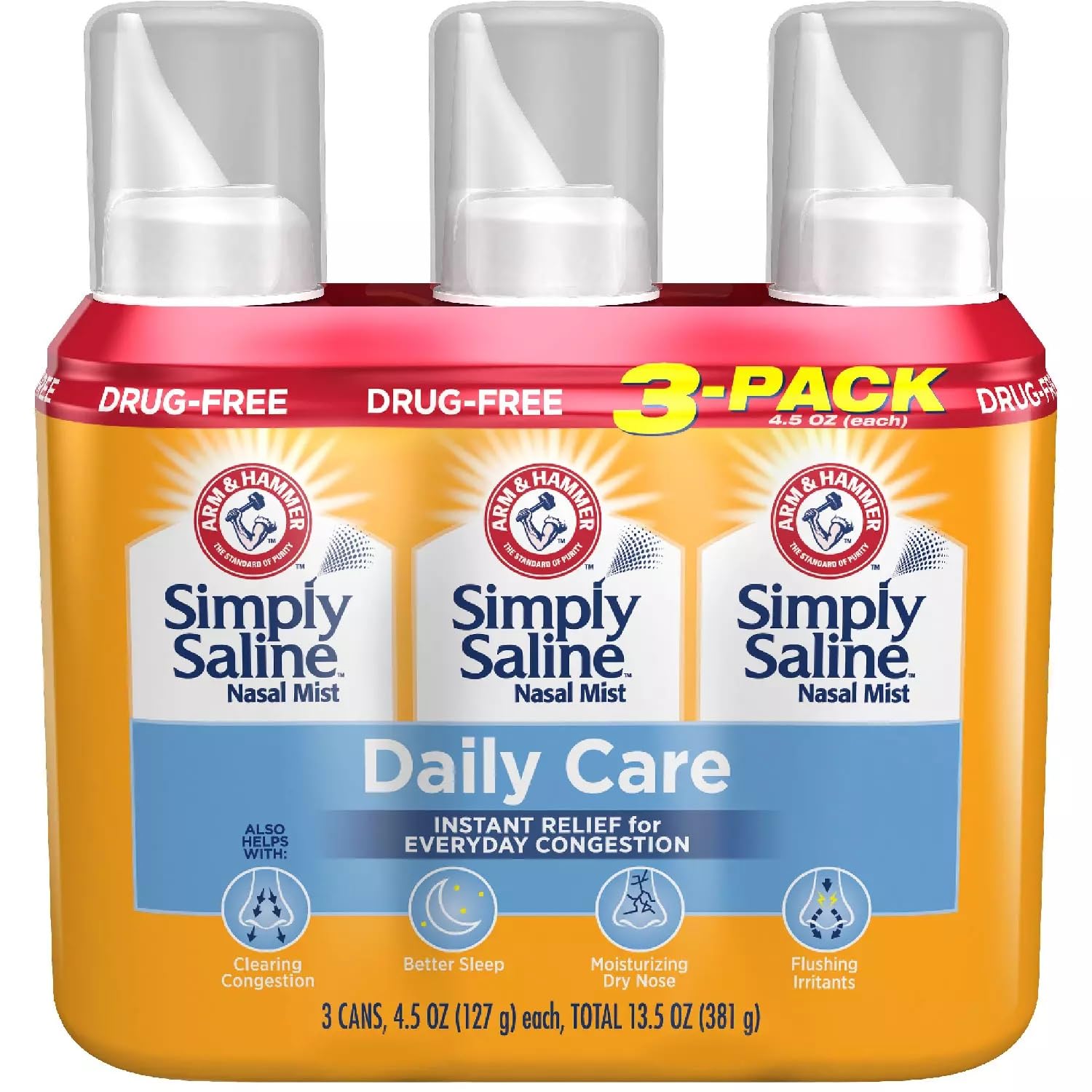 Arm & Hammer Simply Saline bottle pour offers gentle drug-free nasal mist for daily congestion relief