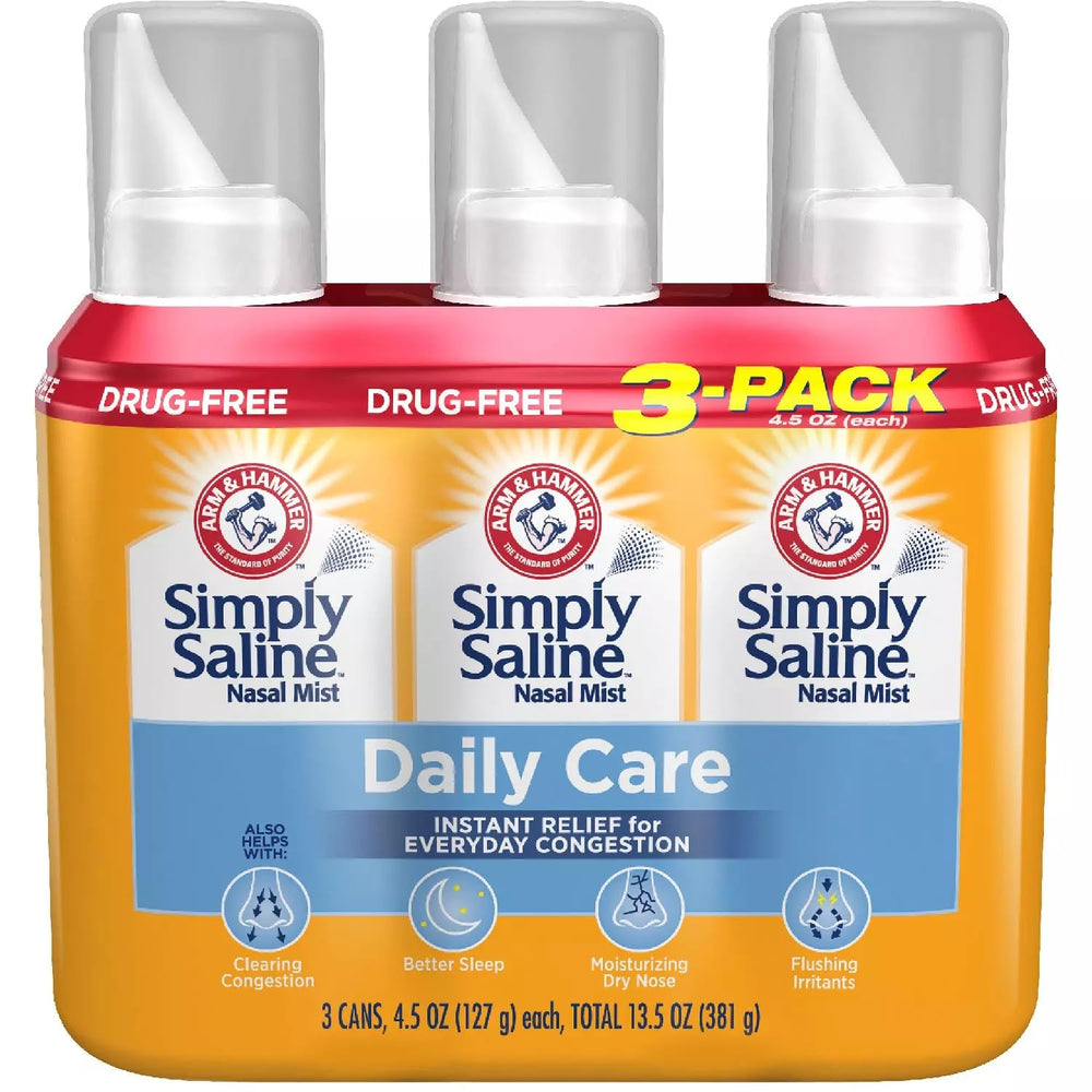 Arm & Hammer Simply Saline bottle pour offers gentle drug-free nasal mist for daily congestion relief