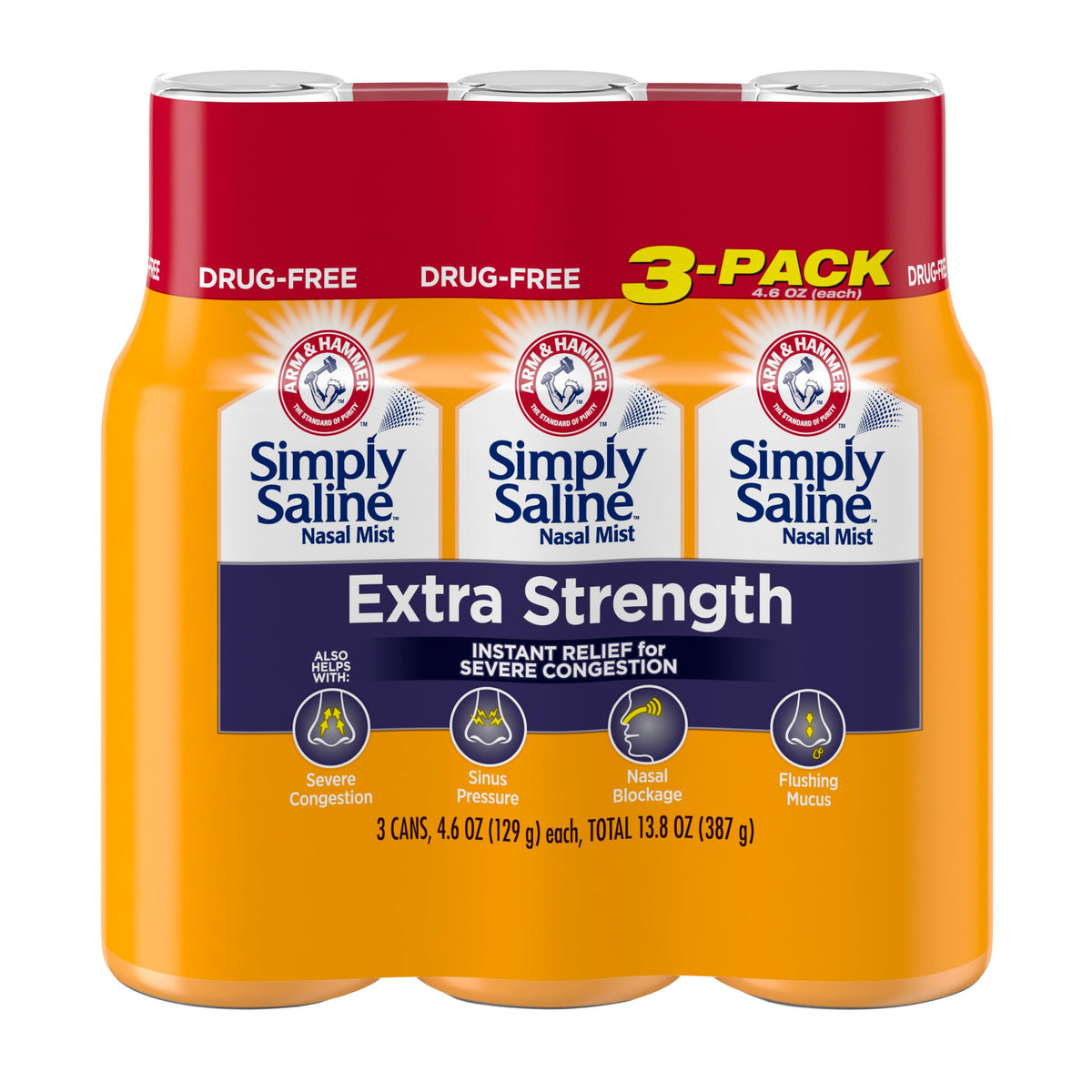 Arm & Hammer Simply Saline extra-strength nasal spray bottle demonstrates fast congestion relief potential.
