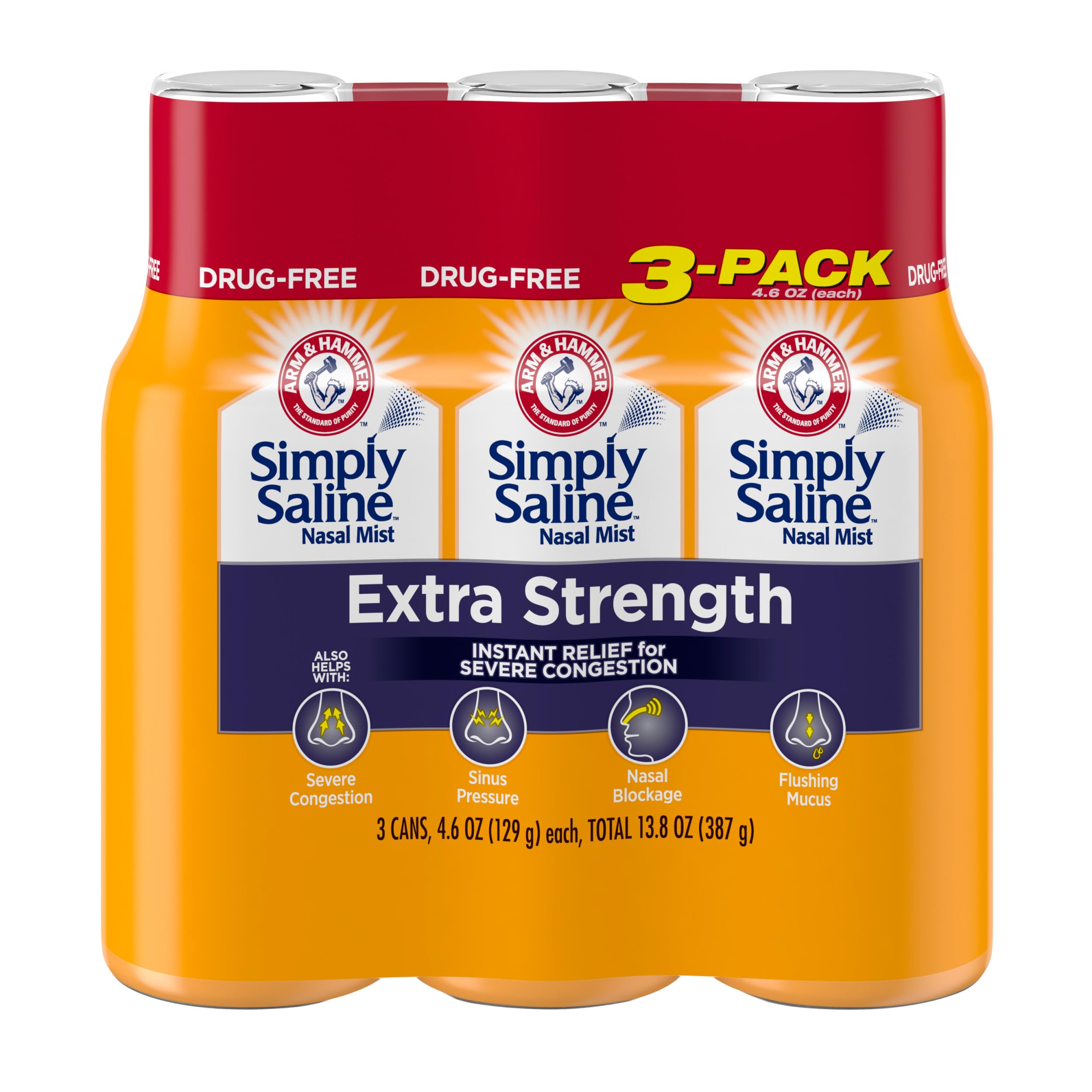Arm & Hammer Simply Saline extra-strength nasal spray bottle demonstrates fast congestion relief potential.