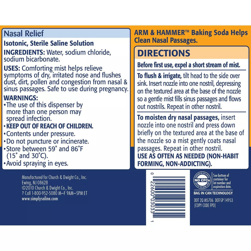 Arm & Hammer Simply Saline nasal mist demonstrates sterile flow for moisturizing and flushing irritants