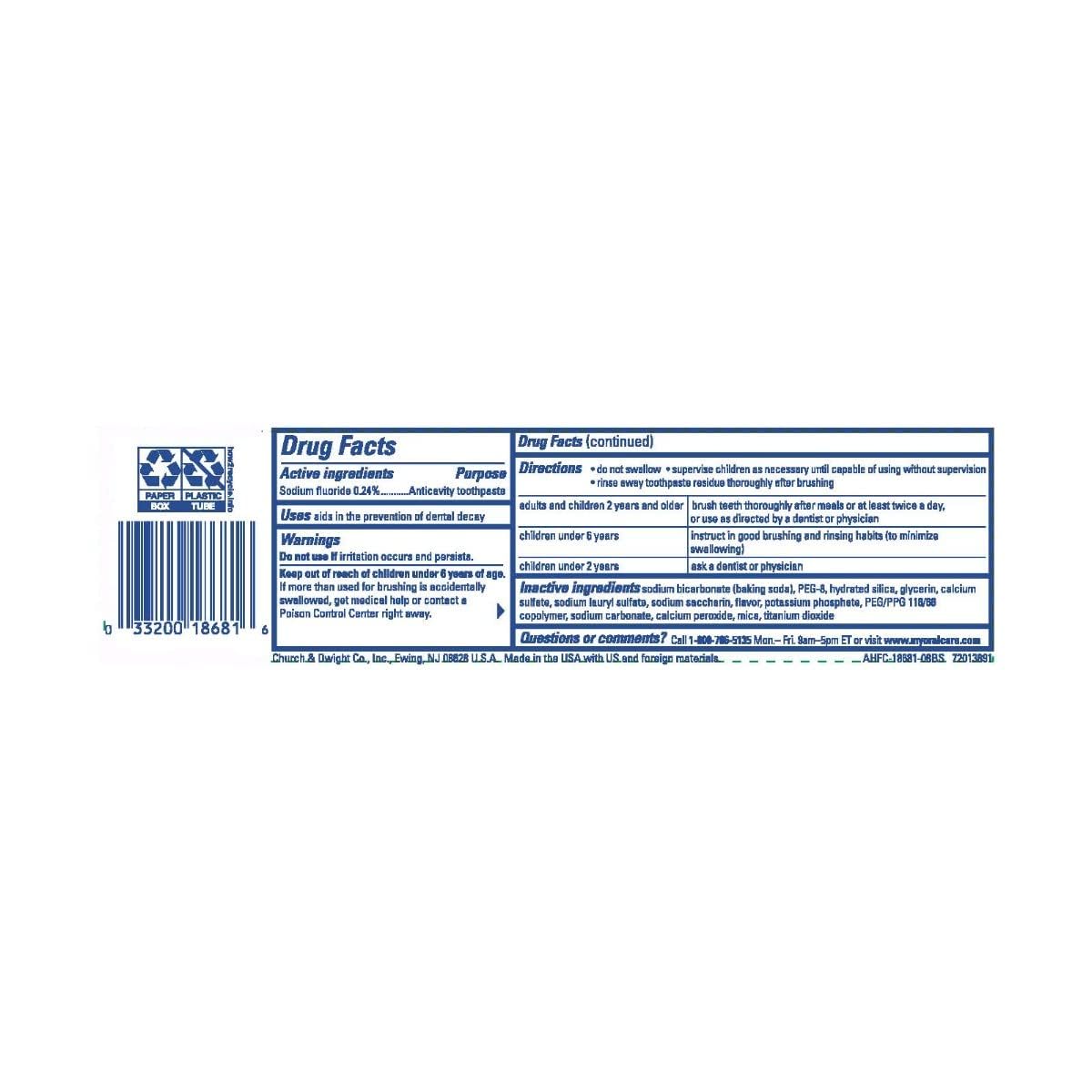 Angled view of ARM and HAMMER Truly Radiant Fresh Mint toothpaste tube