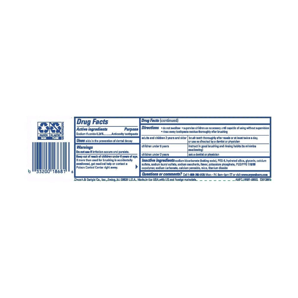 Angled view of ARM and HAMMER Truly Radiant Fresh Mint toothpaste tube