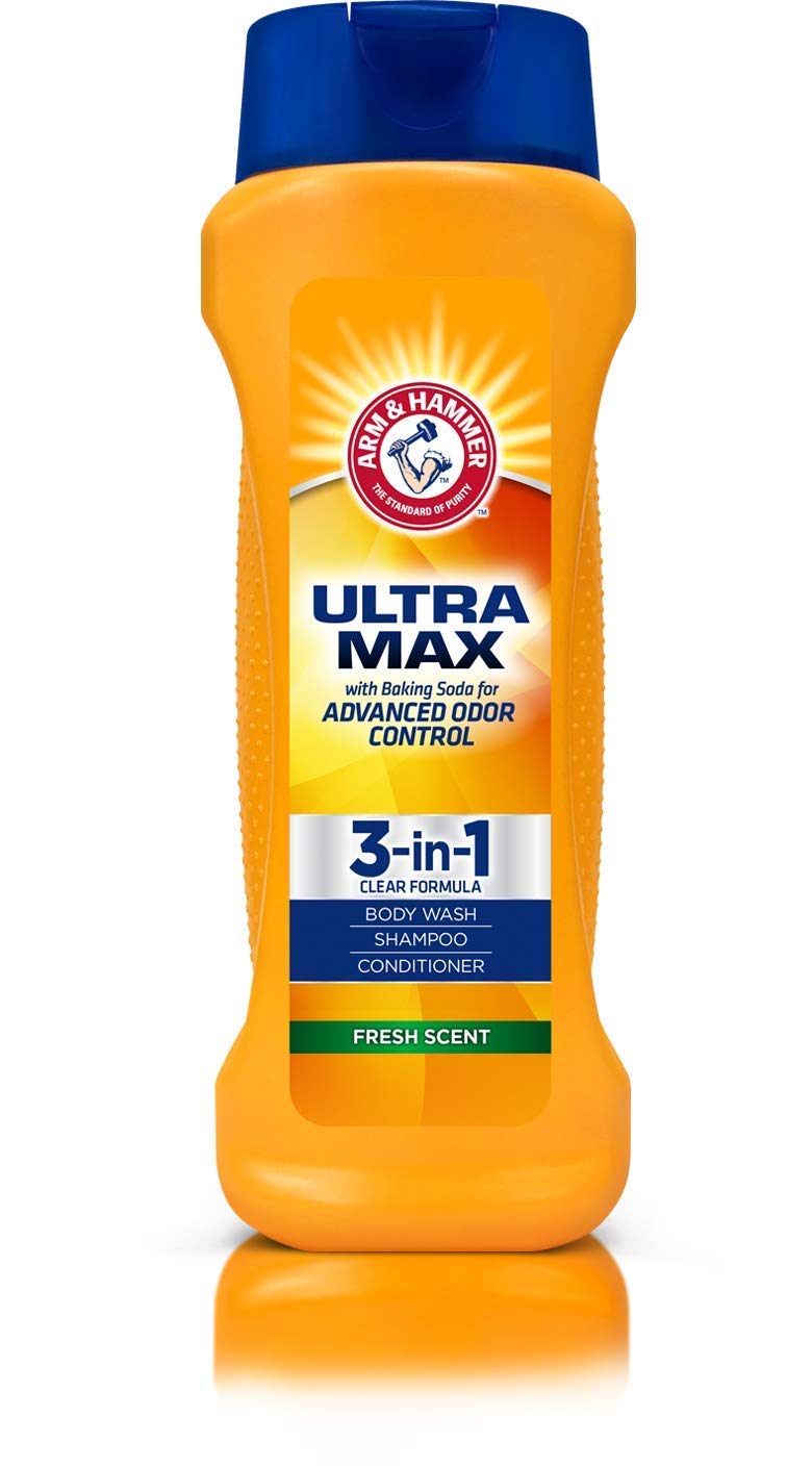 Close-up of Arm & Hammer Ultra Max 3-in-1 label highlighting 3-in-1 formula and Fresh Scent