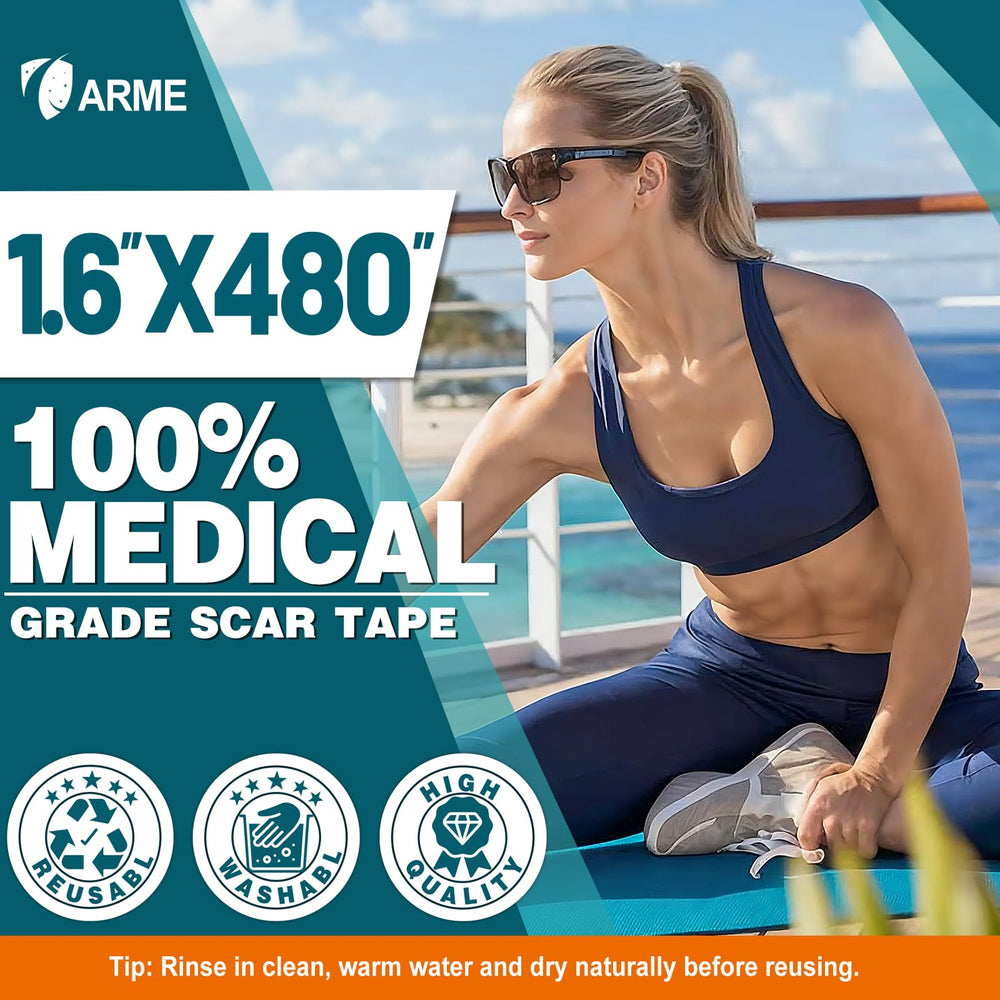Arme silicone scar tape closeup shows skin-safe breathable sheets for comfortable wear