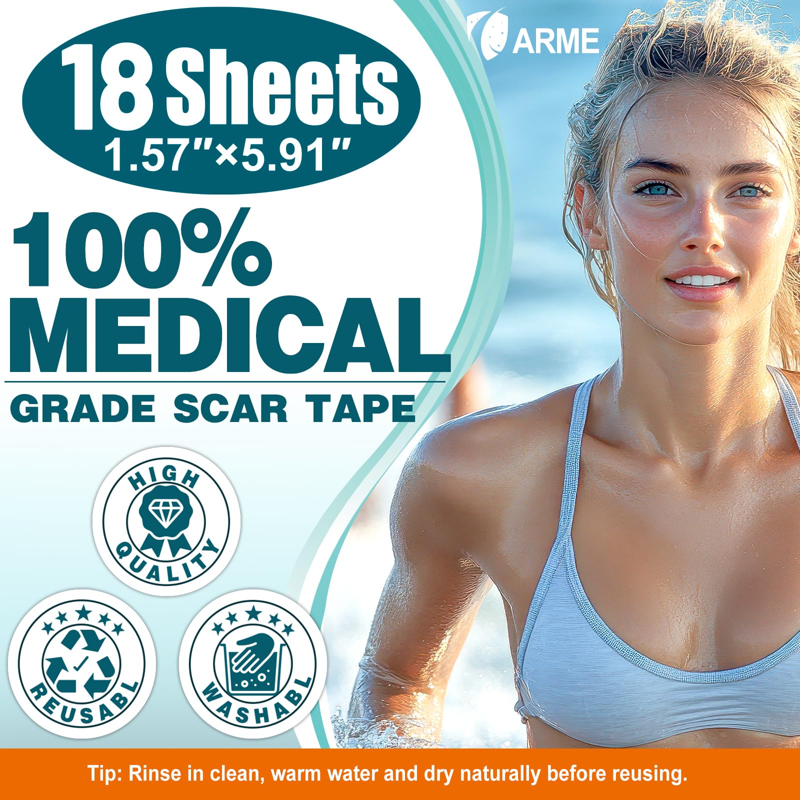 Arme silicone scar tape pre-cut sheets for facial and body use.