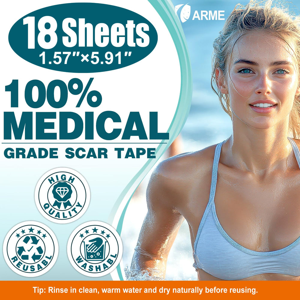 Arme silicone scar tape pre-cut sheets for facial and body use.