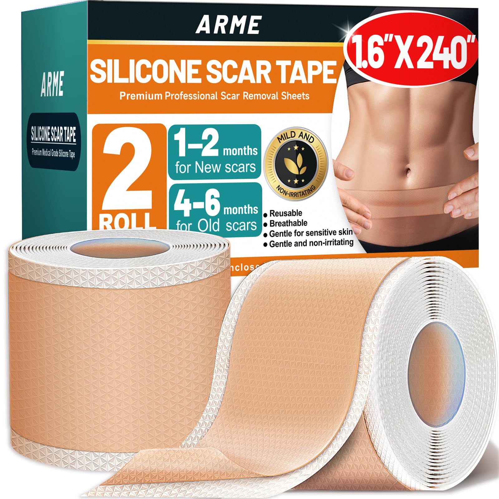 Arme silicone scar tape rolls close-up, highlighting medical-grade material for scar care.