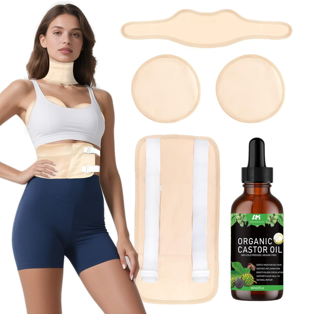 ARMINACO Castor Oil Pack Kit with four reusable wraps and 60ml oil