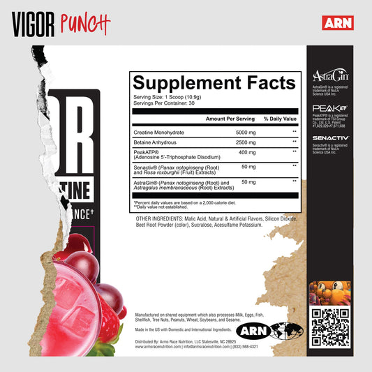 Close-up of Vigor label showing Creatine Monohydrate and Betaine Anhydrous