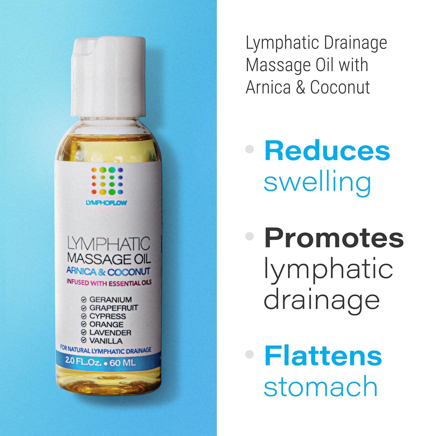 Close-up of Arnica and coconut oil lymphatic massage oil bottle.