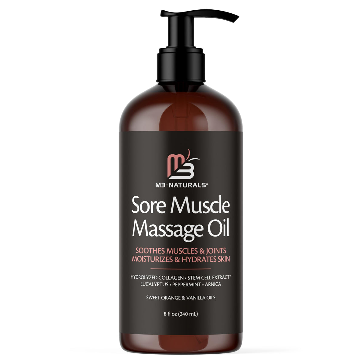 Arnica sore muscle massage oil with collagen, stem cells and menthol in an 8 oz bottle