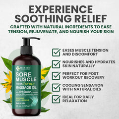 Close-up of Kesmedik sore muscle massage oil bottle label