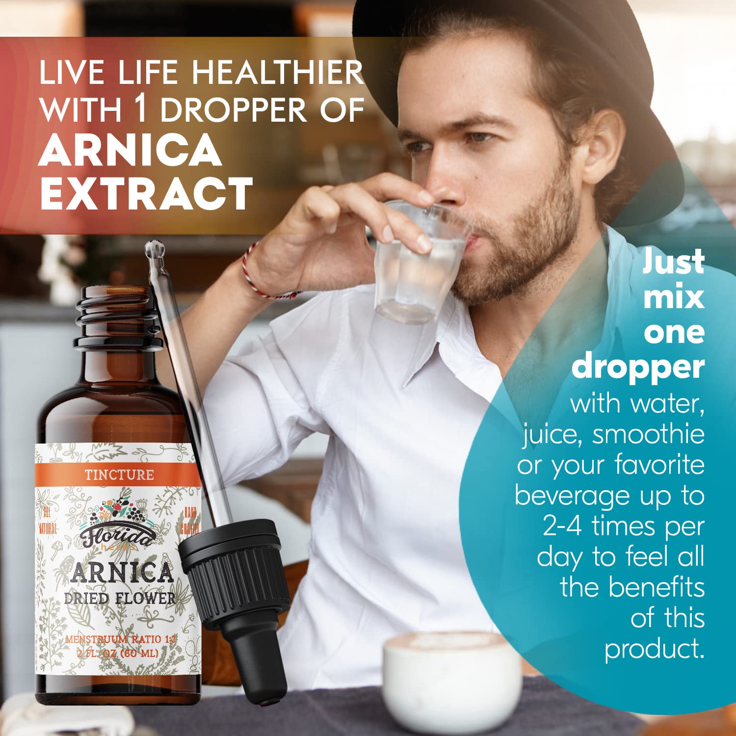 Side view of Arnica tincture bottle showing 2 oz (60 ml) size
