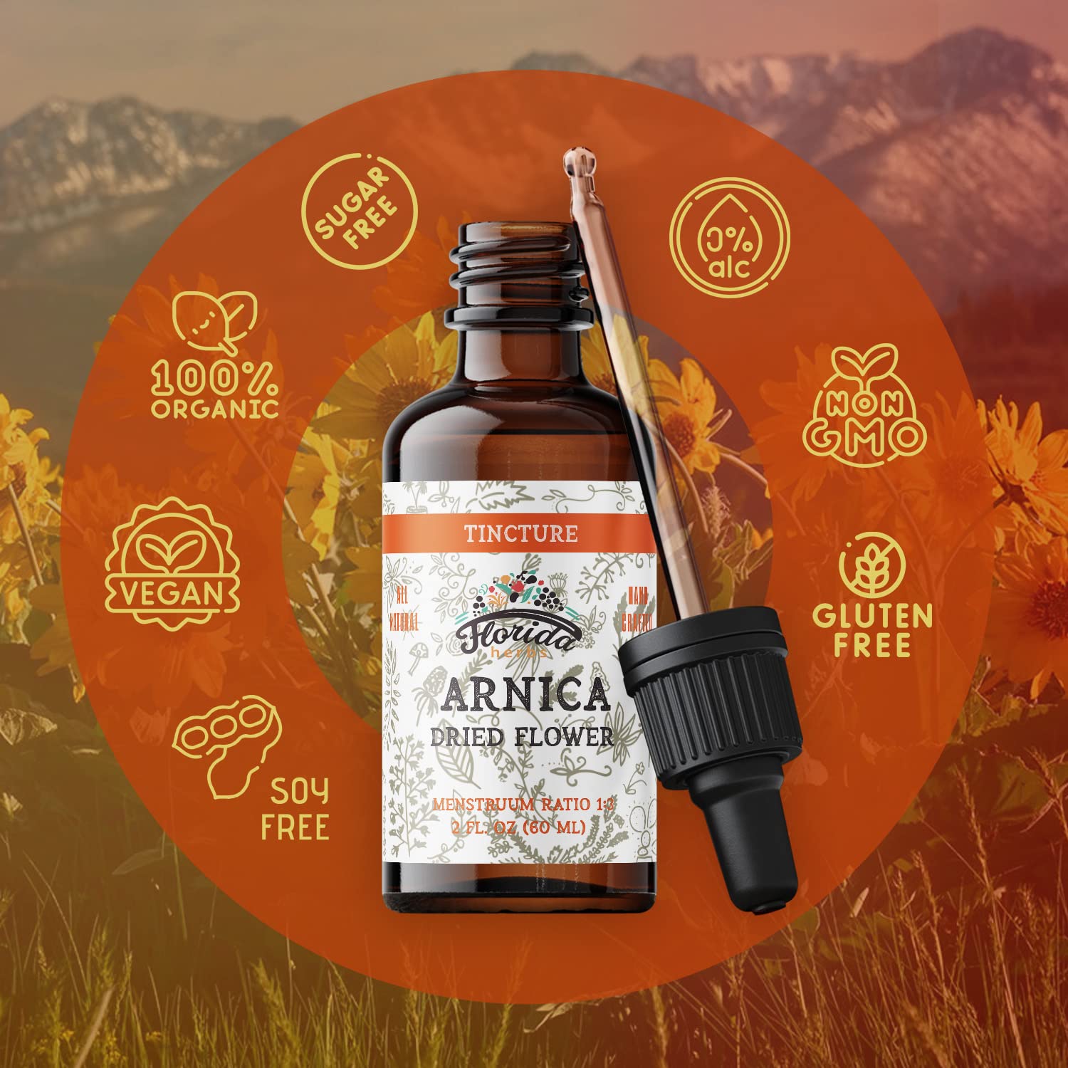 Dropper dispensing Arnica tincture into a glass bottle