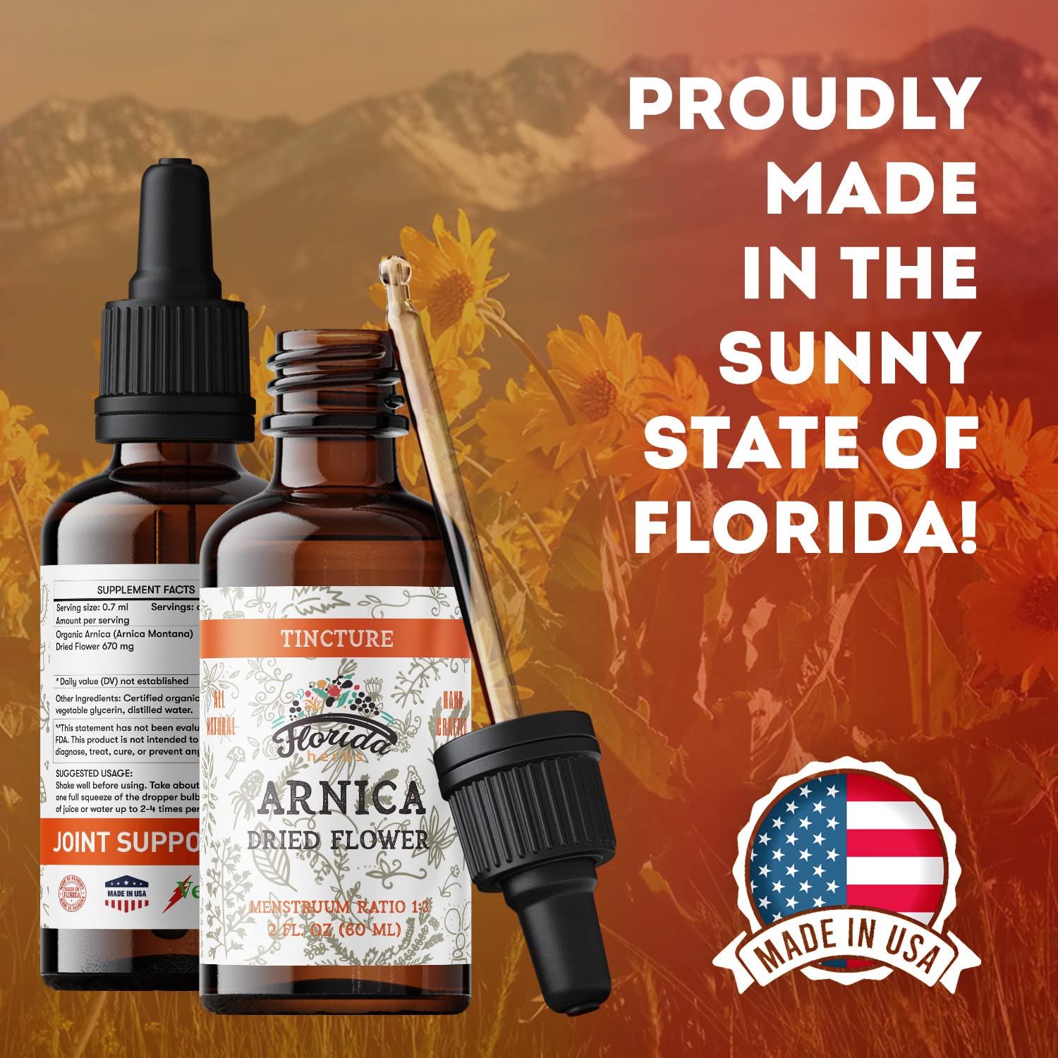 Ingredients include Organic Arnica Montana extract in cold-pressed organic vegetable glycerin