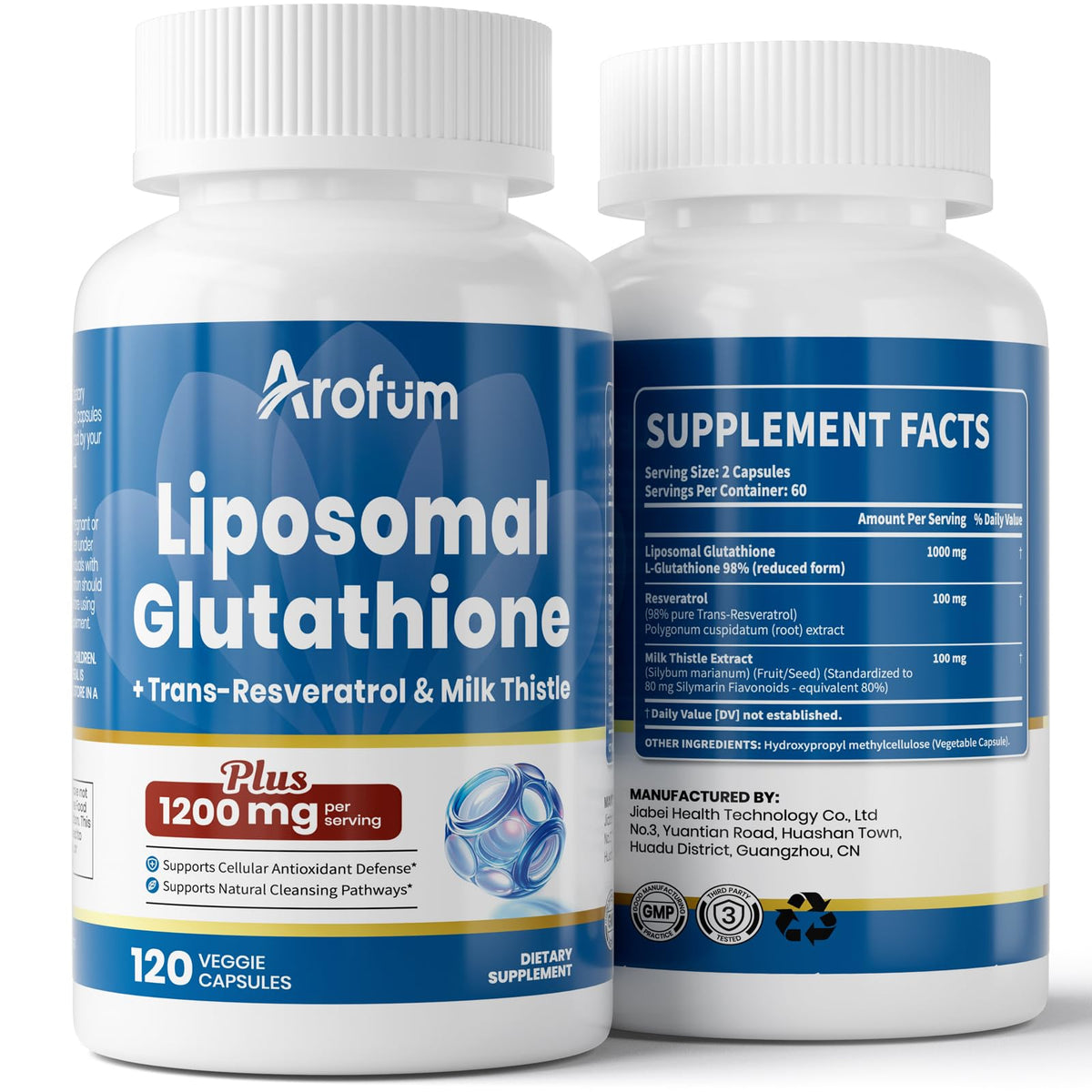 Bottle of Arofum Liposomal Glutathione 1000mg with Resveratrol and Milk Thistle