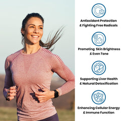 Ingredients panel showing liposomal glutathione, resveratrol and milk thistle