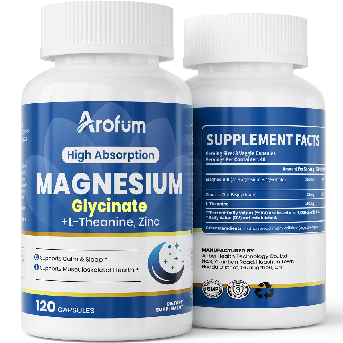 Hero image of AROFUM Magnesium Glycine 200 mg with L-Theanine and Zinc Glycine 120-capsule bottle