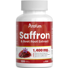 Product hero image showing Arofum saffron extract capsules with ashwagandha, beet root and turmeric