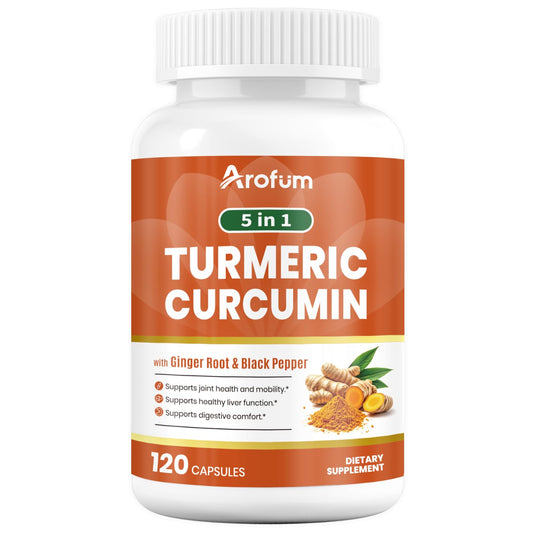 Front view of Arofum Turmeric Supplement bottle with Ginger and BioPerine