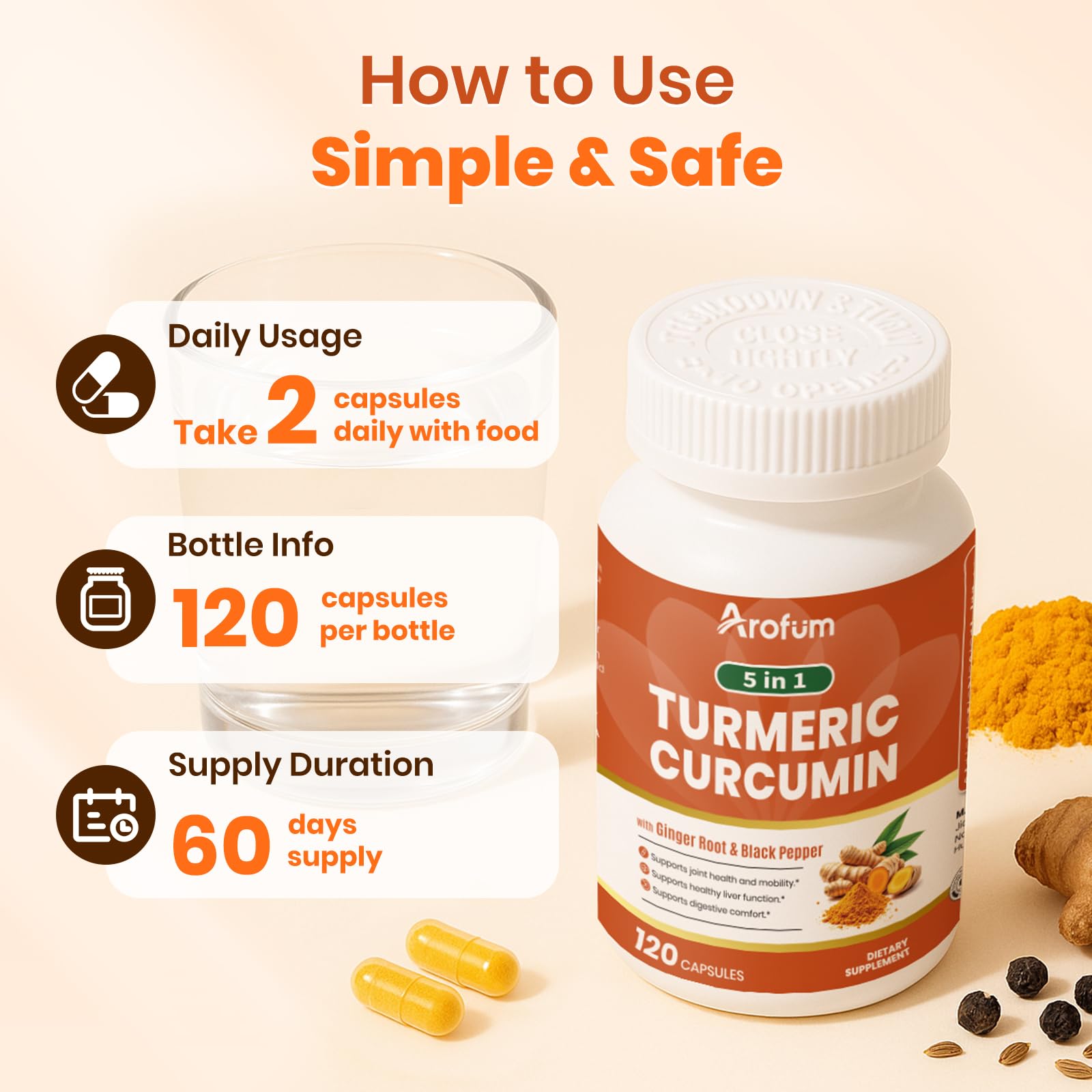 Arofum Turmeric bottle showing 120 capsules packaging
