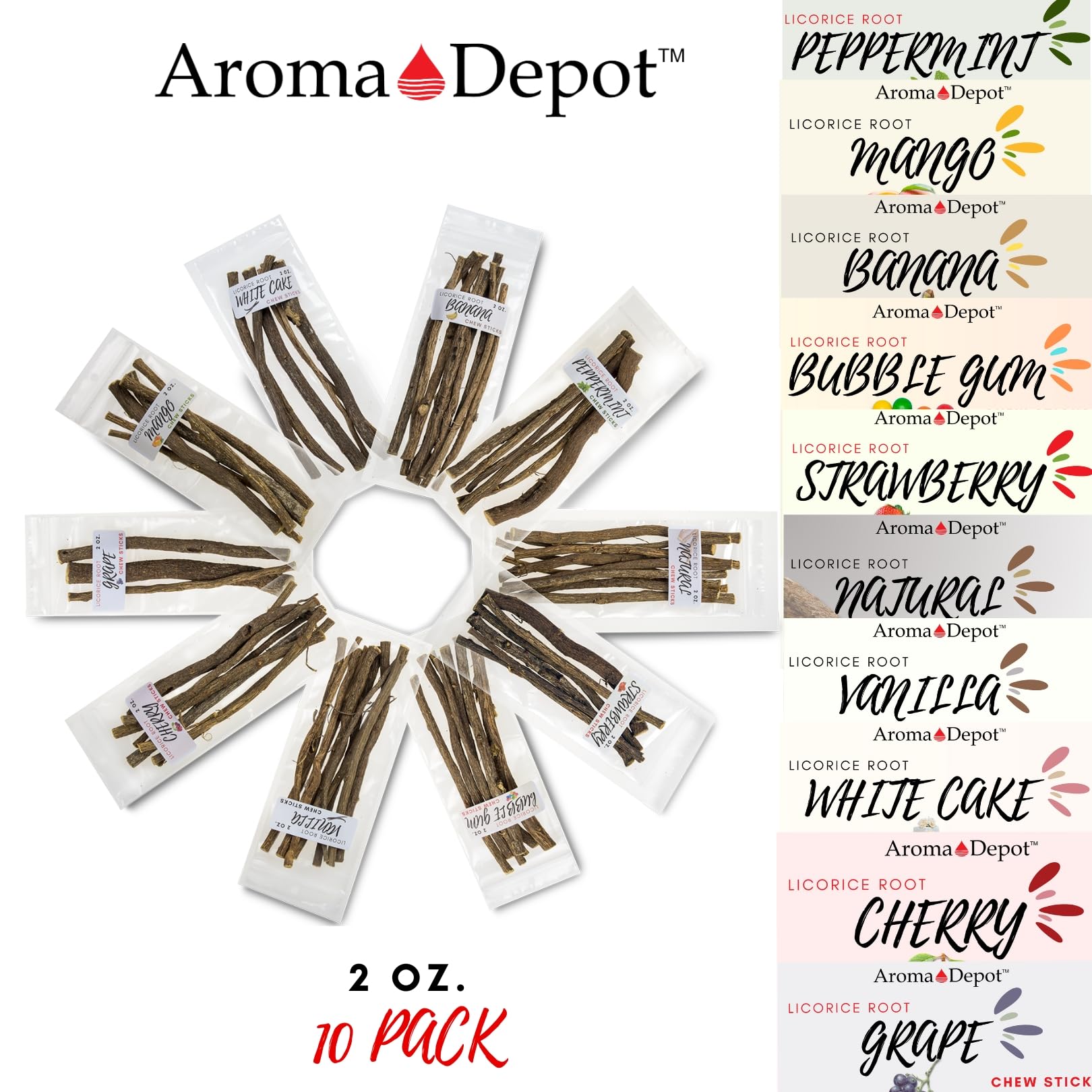 Peppermint licorice root chew sticks flavor, Aroma Depot, 2 oz, 6.5-7 inches