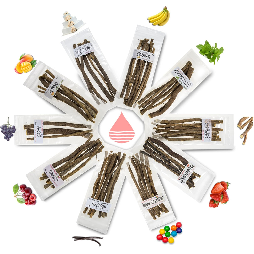 Aroma Depot licorice root chew sticks variety pack main image, 2 oz each, 6.5-7 inches long