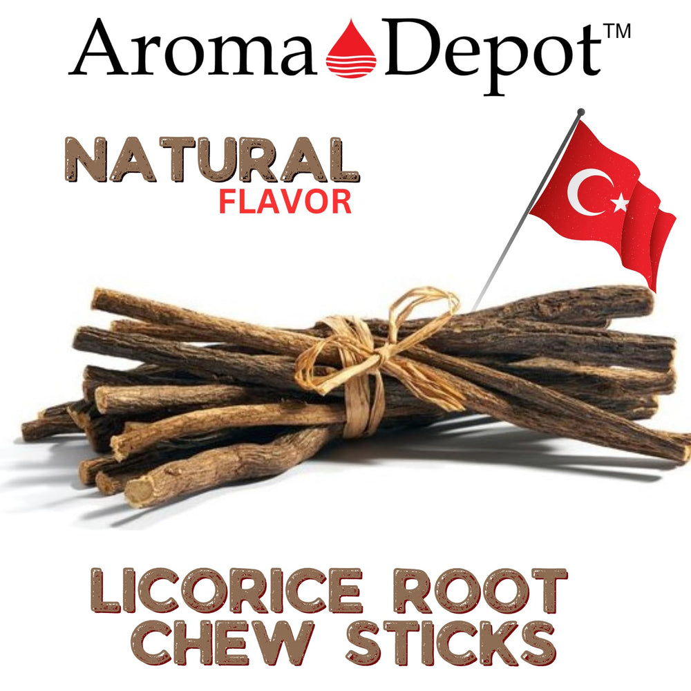 Bag of Aroma Depot licorice root chew sticks showing 100% natural label