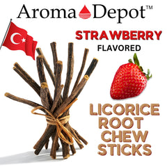 Close-up of long licorice root chew sticks with strawberry flavor