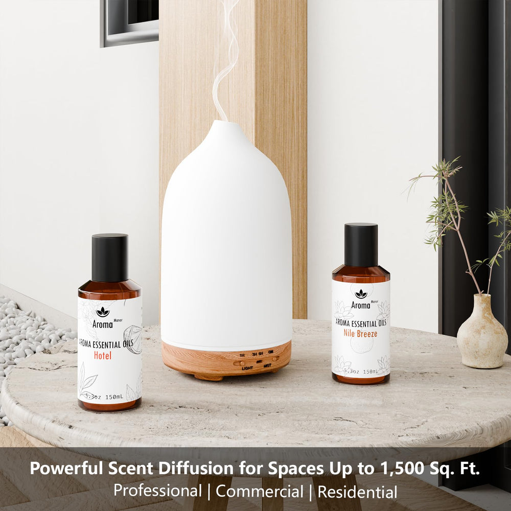 Aroma Manor Hotel Diffuser Oil amber liquid in glass bottle signals premium fragrance.