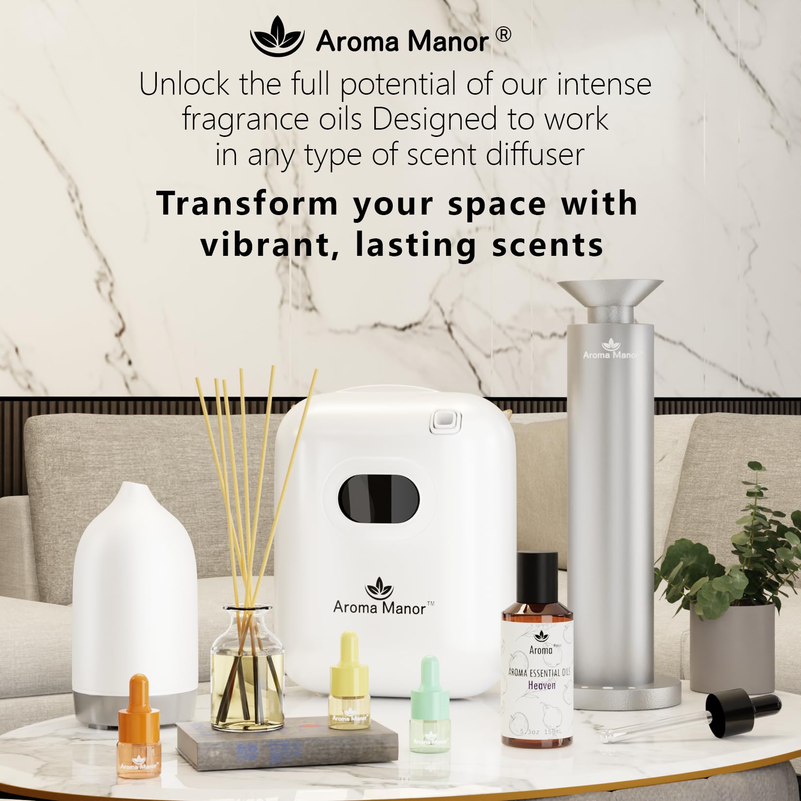 Aroma Manor Hotel Diffuser Oil sits in a luxurious bedroom, inviting calm and elegance.
